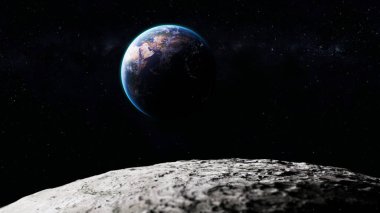 Mavi atmosferiyle dünya gezegeninin güzel manzarası ve evrendeki uzaydan Ay 'ın yüzeyi güneş sistemi bilimi ve küresel konseptiyle