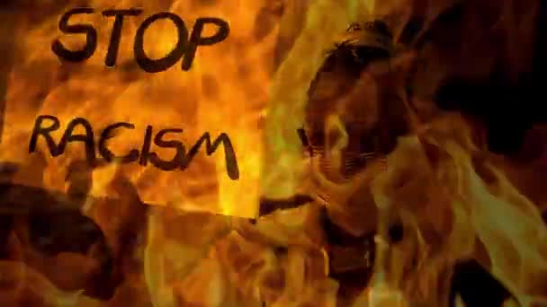 Chamas Fogo Queimando Torno Parar Racismo Ativista Negro Menina Protestando — Vídeo de Stock