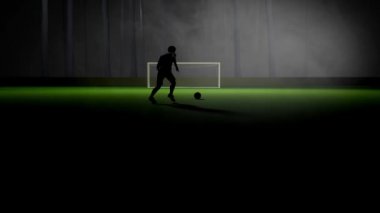 Geceleri ormanda siluet oyuncusunun penaltı attığı futbol sahasının 3D görüntüsü ya da futbol antrenmanı yapan bir adamın hayali ve gerçeküstü bir atmosferde olması gibi ağır çekimde serbest vuruş.