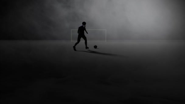 Renderização Jogador Futebol Silhueta Densa Neblina Pena Tiro Pontapé Livre — Vídeo de Stock