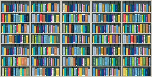 Bunte Bücher in den Regalen gestapelt — Stockvektor