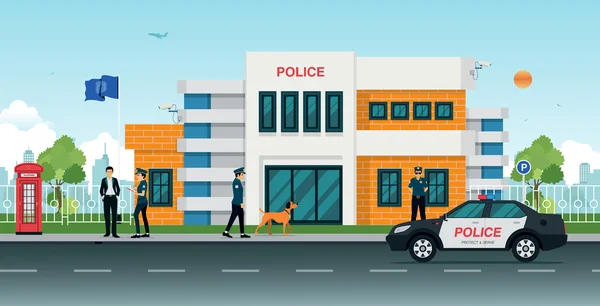 Estación de policía con coches de policía — Vector de stock