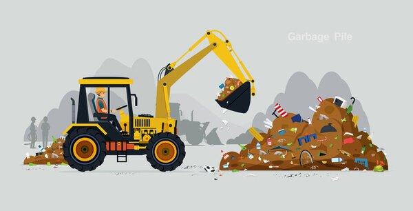Workers drive a excavator to handle the waste.