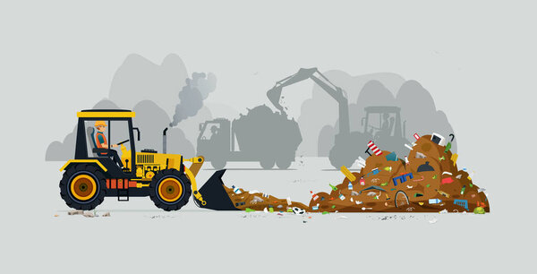 A tractor driver is plowing a pile of garbage.