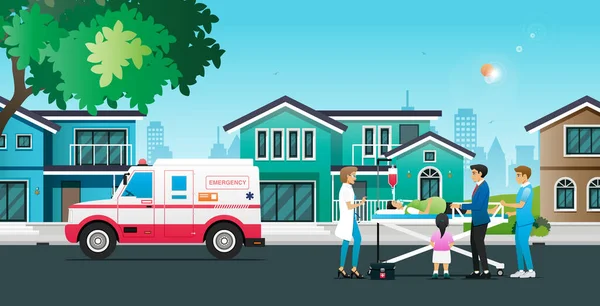 Krankenwagen Holt Patienten Hause Mit Ärzten Und Krankenschwestern — Stockvektor