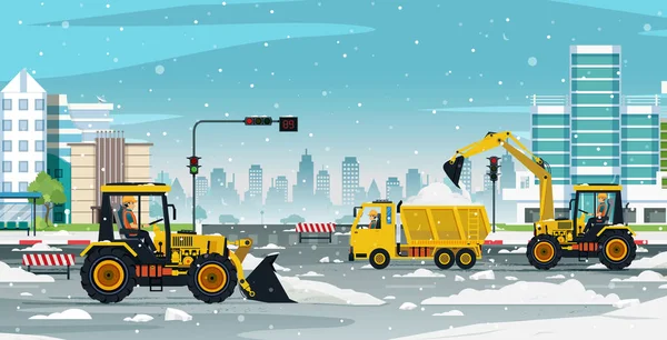 雪の除去ドライバーは車が道路に来ることを可能にするために働いています — ストックベクタ