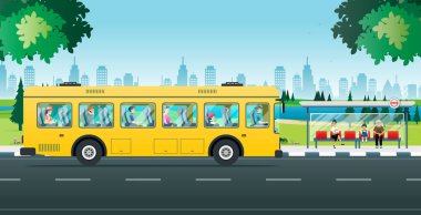 İnsanlar oturup otobüs servisini kullanmak için bekliyorlar..