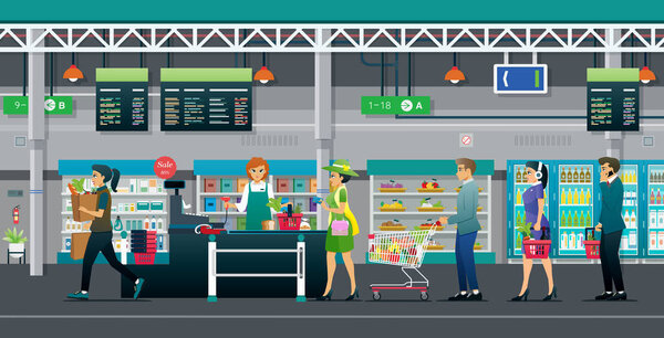 Люди выстраиваются в очередь за товарами в супермаркеты.