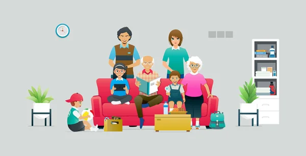 Sebuah Keluarga Besar Memiliki Anggota Duduk Sofa Dengan Latar Belakang - Stok Vektor