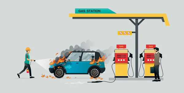 Employee Extinguishing Fire Burns Car While Refueling — Stock Vector