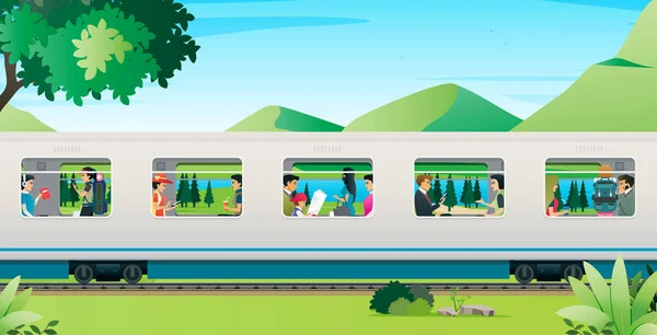 Gente Viaja Tren Con Montañas Fondo — Vector de stock