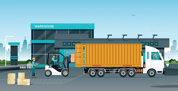 Employees Checking Goods Loaded Trucks Warehouse — Vector de stock