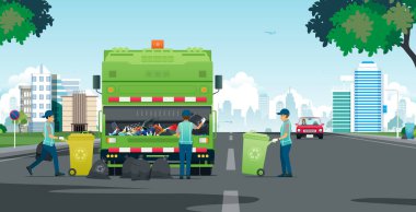 A garbage truck is parked on the road to allow workers to work.