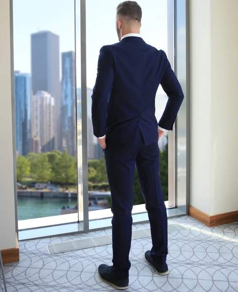 Achteraanzicht van succesvolle manager op zoek naar de stad — Stockfoto