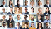 Happy group of multiethnic business people men and women. Different young and old people group headshots in collage. Multicultural faces looking at camera