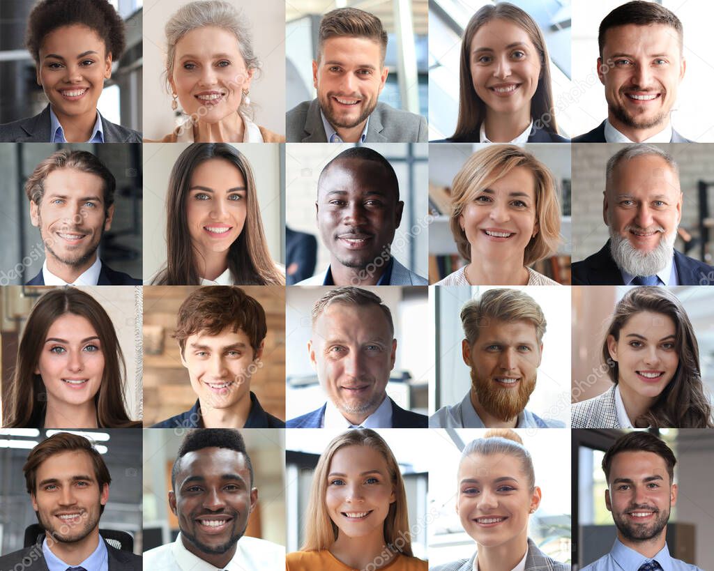 Happy group of multiethnic business people men and women. Different young and old people group headshots in collage. Multicultural faces looking at camera