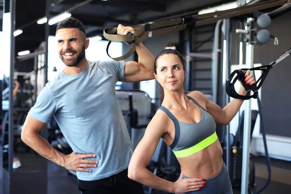 Young Couple Body Training Trx Gym — Stock Photo, Image