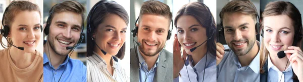 Collage de trabajadores del centro de llamadas. Diferentes operadores de soporte al cliente jóvenes mirando la cámara. — Foto de Stock