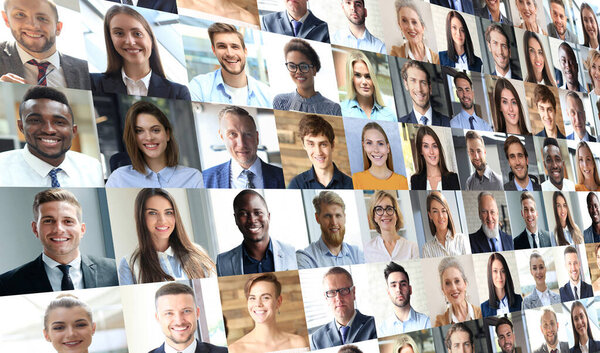 Happy group of multiethnic business people men and women. Different young and old people group headshots in collage. Multicultural faces looking at camera