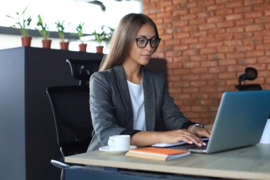 Ofiste dizüstü bilgisayarla çalışan güzel bir iş kadını..