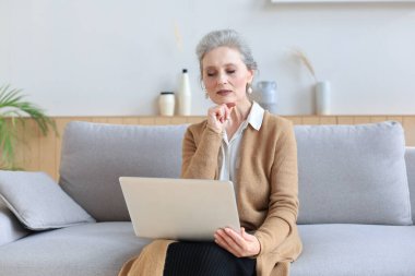 Evdeki kanepede otururken dizüstü bilgisayar kullanan neşeli orta yaşlı kadın.