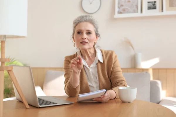 Portait Smiling Beautiful Middle Aged Woman Looking Camera Making Video Royalty Free Stock Images