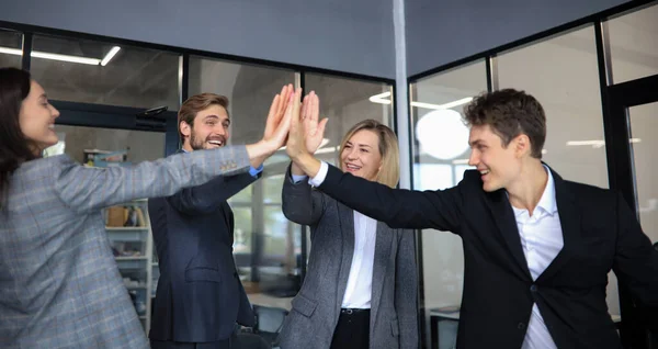 Happy People Standing Office Giving High Five Colleagues — Stock Photo, Image