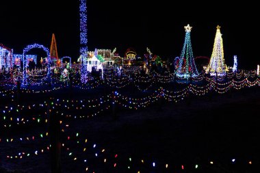 Ağaçların ve binaların ışıklarla kaplı olduğu karlı bir gecede Noel ışıkları.