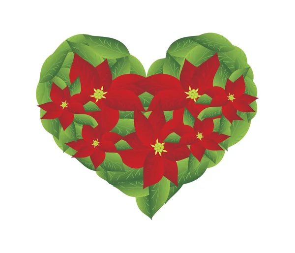 Red Poinsettia Flowers in A Heart Shape — Stock Vector