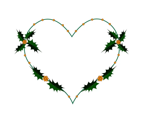 Christmas Holly Twig in A Heart Shape Wreath — Stockvector