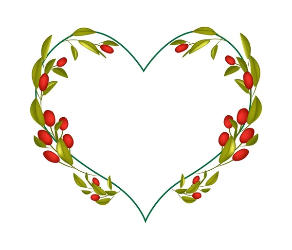 Ripe Olives Leaves and Fruits in Heart Shape Frame — Stockvector