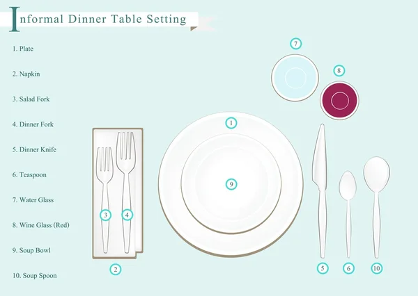 Ilustración detallada del diagrama de configuración de la mesa de cena — Vector de stock