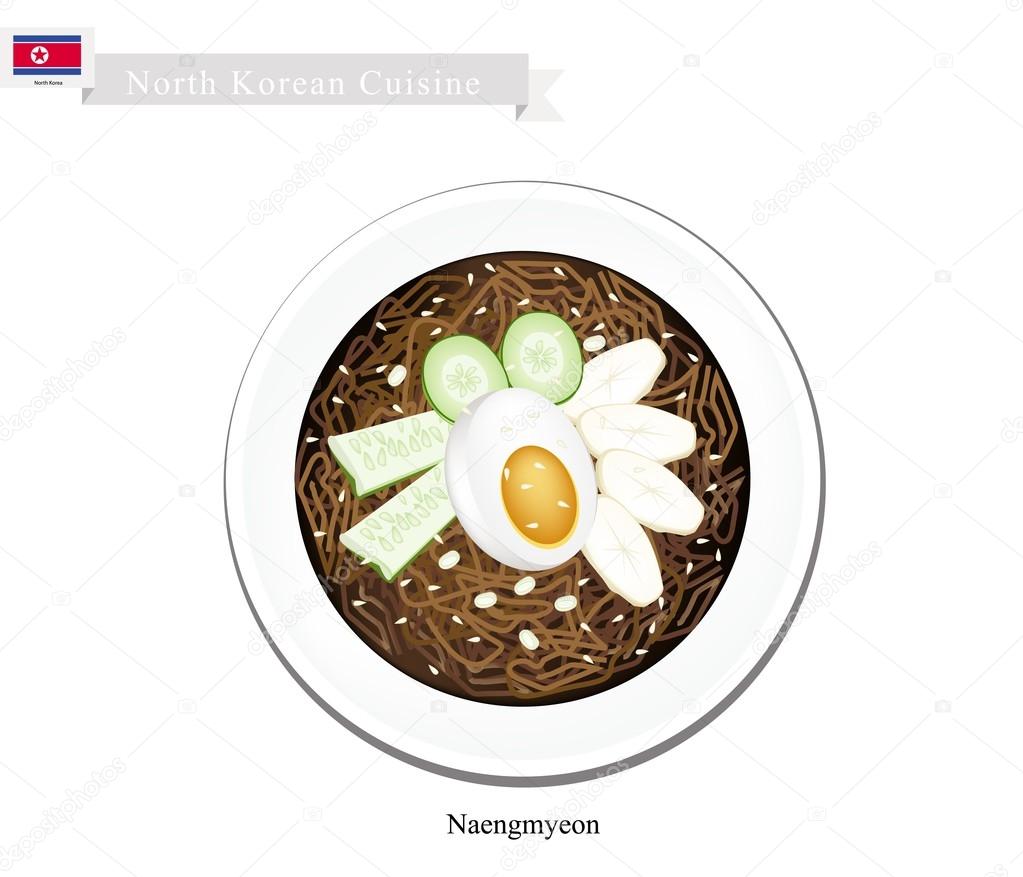 Naengmyeon or Korean Cold Noodles with Egg and Kimichi