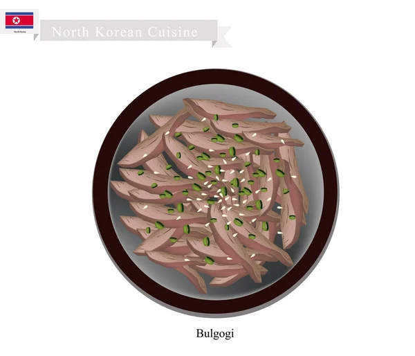 Bulgogi oder Rindfleischscheiben gebraten mit Sesam und Karotten — Stockvektor