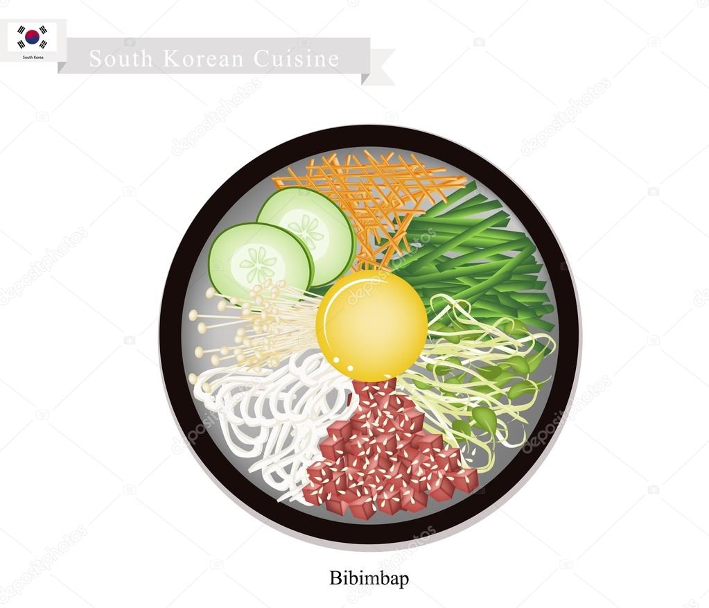 Bibimbap or Korean Mixed Rice with Meat, Vegetables and Egg