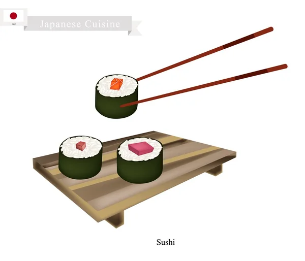 Rollo de sushi japonés, un plato famoso en Japón — Vector de stock