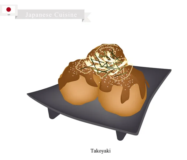Takoyaki ou bolas de polvo japonesas com molho Worcester e maionese — Vetor de Stock