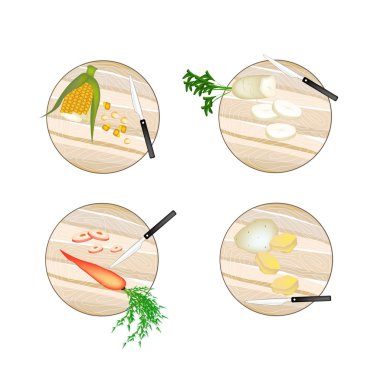 Mısır, Daikon turp, havuç ve patates kesme tahtası üzerinde
