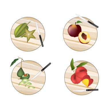 Avokado, Carambolas, şeftali, melek şeftali kesme tahtaları üzerinde
