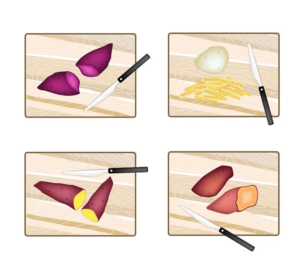 Potatoes and Sweet Potatoes on Cutting Board — Stock Vector