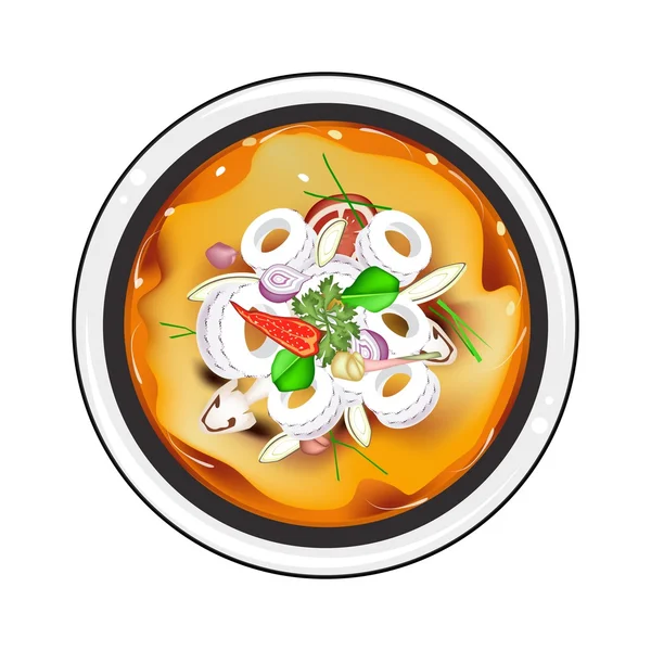 Tom Yum or Thai Spicy and Sour Soup with Squid — Stock Vector