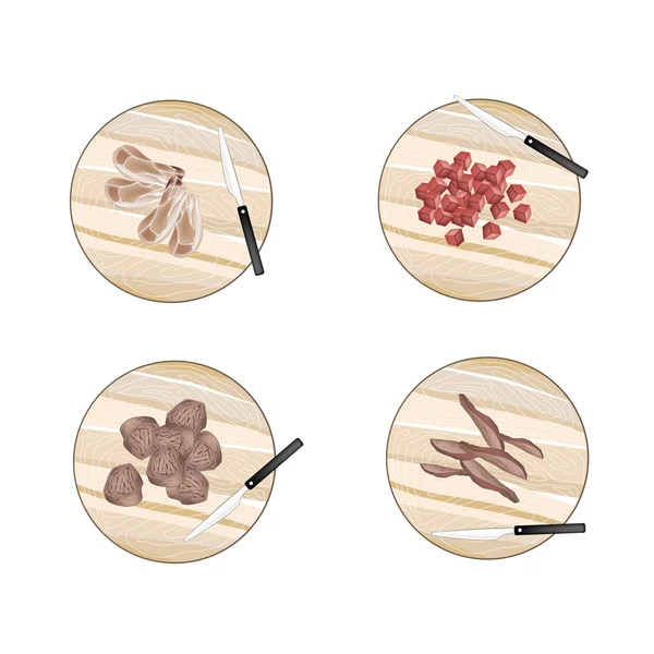 Variété de viande crue sur les planches à découper — Image vectorielle