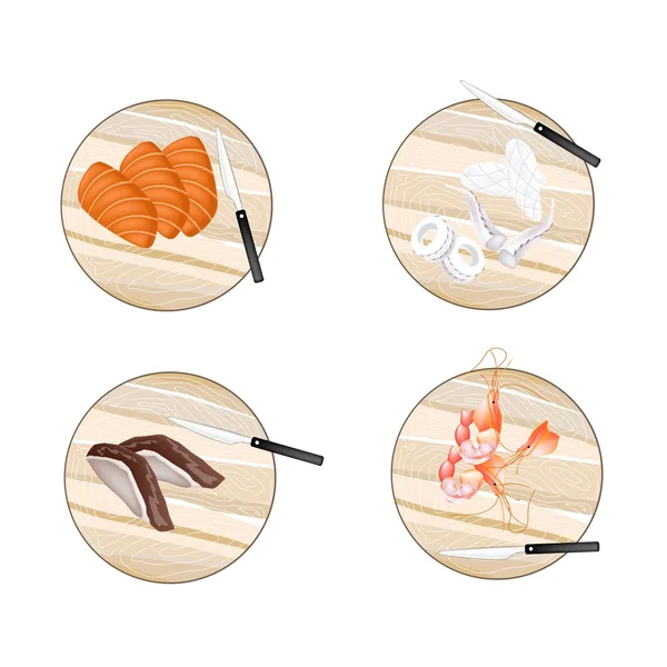Pato, salmón, langostinos y calamares en las tablas de cortar — Vector de stock
