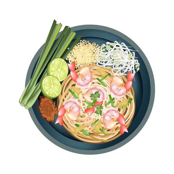 Coussinet nouilles thaïlandaises ou sautées aux crevettes — Image vectorielle