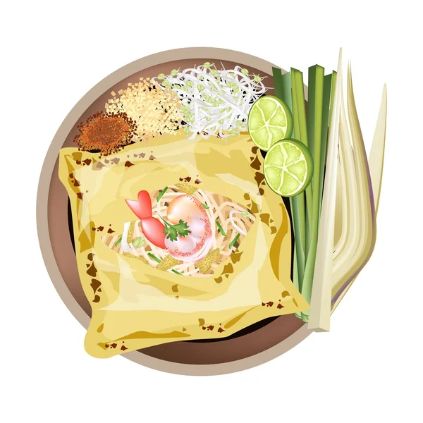 Pad Thai of roergebakken noedels gewikkeld witte omelet — Stockvector