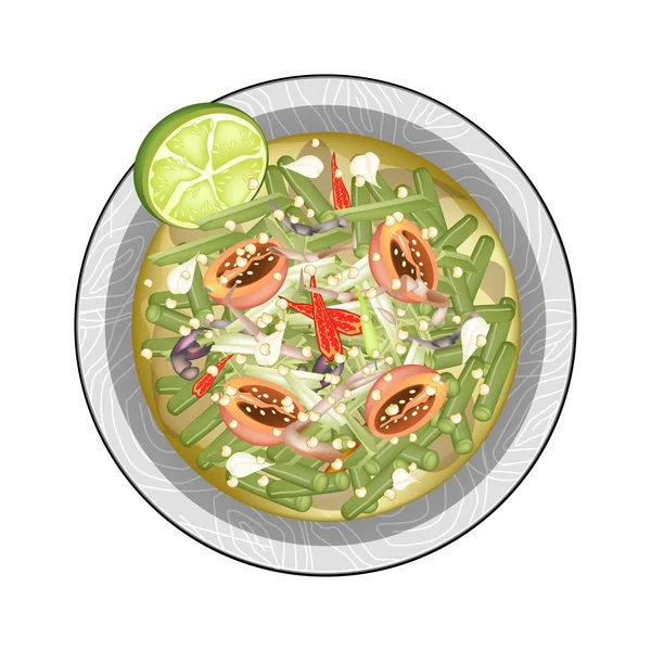 Ensalada de Frijoles Largos Tailandeses con Cangrejos Salados Fermentados — Vector de stock