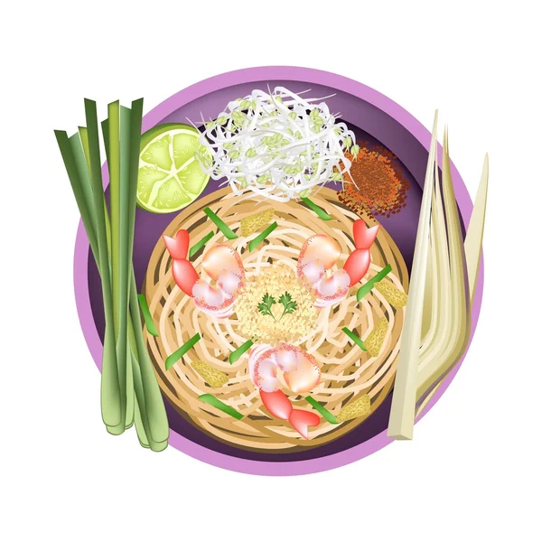 Pad Thai or Stir Fried Noodles with Prawns — Stock Vector