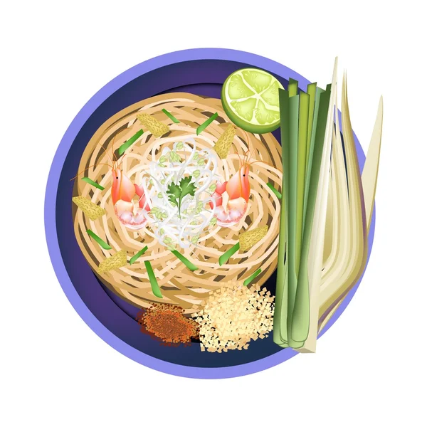 Pad Thai o tradizionale Mescolare Tagliatelle fritte con gamberetti — Vettoriale Stock