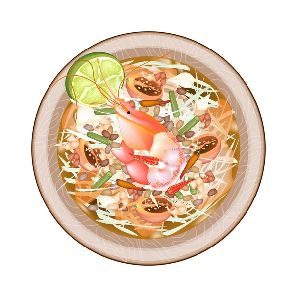 Plate of Green Papaya Salad with Shrimps — Stock Vector