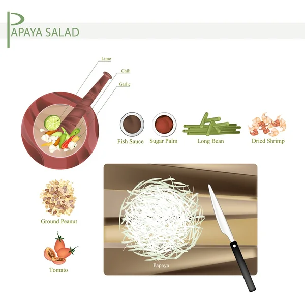 11食材グリーンパパイヤサラダ干しエビのレシピ — ストックベクタ